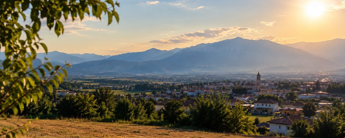 Vista al tramonto su un piccolo centro abitato pedemontano fra campi ingialliti e colline, durante un periodo di caldo e siccità